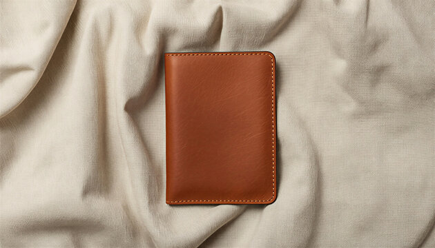 Overhead flat lay of blank smooth brown leather passport holder wallet on beige raw linen fabric background
