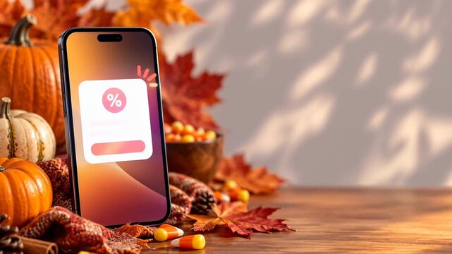 Smartphone with Halloween discount offer, seasonal e-commerce sale concept with copy space