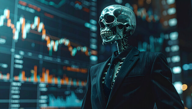 The Grim Reaper of the Stock Market: A skeletal figure in a business suit stands against a backdrop of a volatile stock market graph, symbolizing financial doom or impending economic collapse.