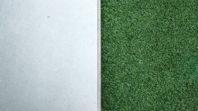 Concrete and grass textures meet in a split composition