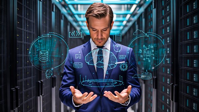 Business professional using futuristic holographic interfaces in a modern data center