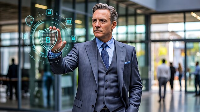 Business professional using a digital security interface with holographic icons in a modern office