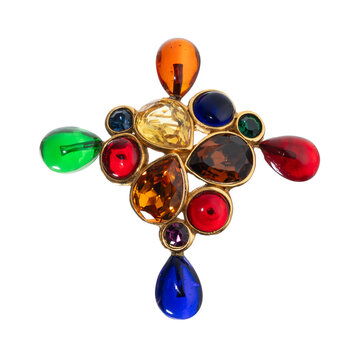 Vintage brooch decorated with colored glass pastes made with the famous Gripoix technique, 1980s