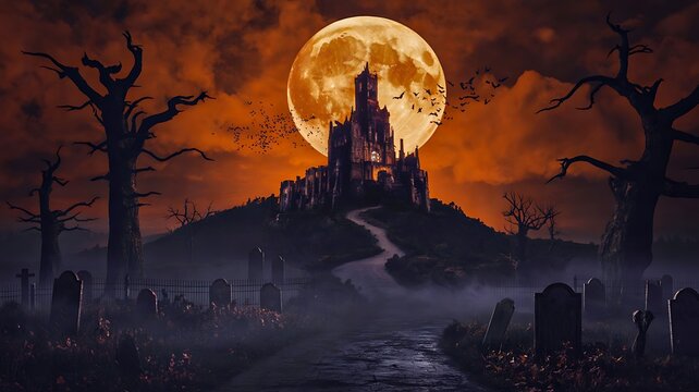 Haunted castle beneath a glowing full moon with twisted trees and misty graveyard at night