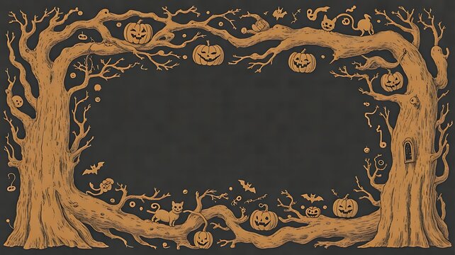 Antique halloween border with golden ornamental vines, pumpkins and spooky decorative patterns