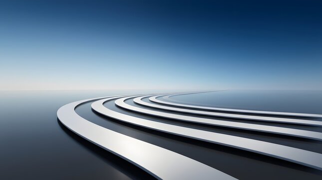 A sleek, futuristic abstract image showcases multiple parallel metallic lines curving gracefully across a reflective dark surface, leading towards a serene, clear blue sky, evoking a sense of progress