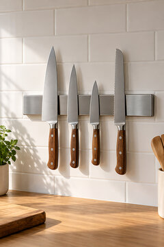 Vertical stainless magnetic knife strip on white tile