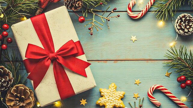 Red ribbon christmas present with candy canes, golden stars and evergreen branches on rustic background