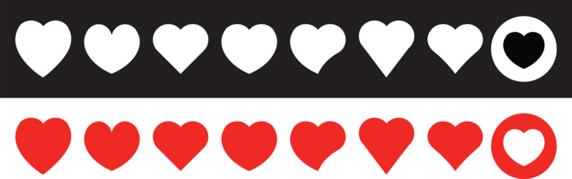 Heart shape love and romance reaction icon set. Red and white solid romantic valentine like symbols collection vector illustration