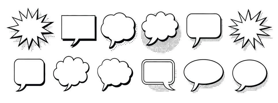 Comic book speech bubbles set with halftone texture for cartoon dialogue and text elements.