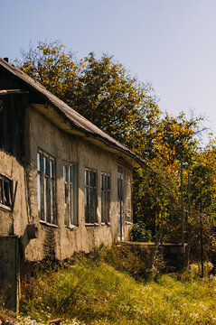 sunlit abandoned rural house with cracked plaster walls, broken windows, and overgrown yard set against autumn