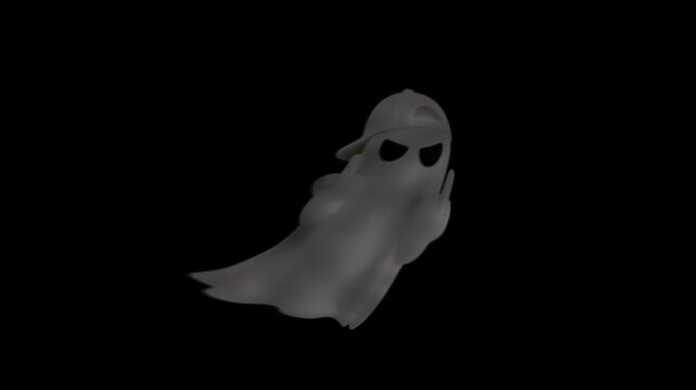 White ghost wearing backward cap shows offensive middle fingers gesture flying on transparent background alpha channel. Concept of rebellious halloween humor and playful bad attitude
