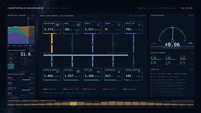 A detailed microgrid control center interface balancing solar battery generators with local electricity demand in a dark, high-tech environment featuring animated data visualizations.