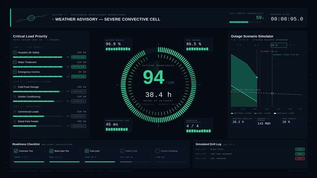 A sophisticated microgrid resilience dashboard visualizing backup capacity, critical loads, and outage readiness with detailed gauges and panels on a deep blue-black background.