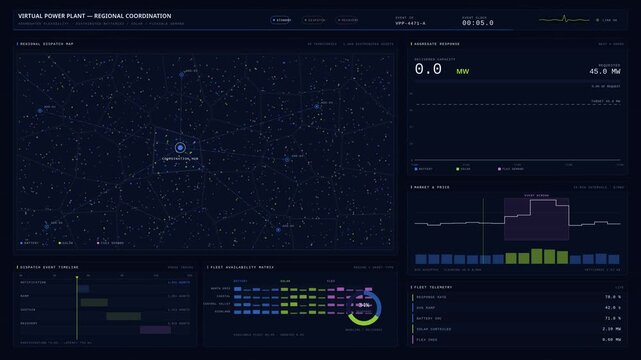 A virtual power plant dashboard displays a regional map with distributed batteries, solar assets, and flexible demand, coordinating energy response and demand management effectively.
