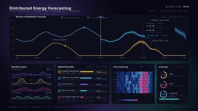 An innovative AI distributed energy forecasting platform visualizes local generation and electricity demand with detailed charts and ambient glows on a dark ink background.
