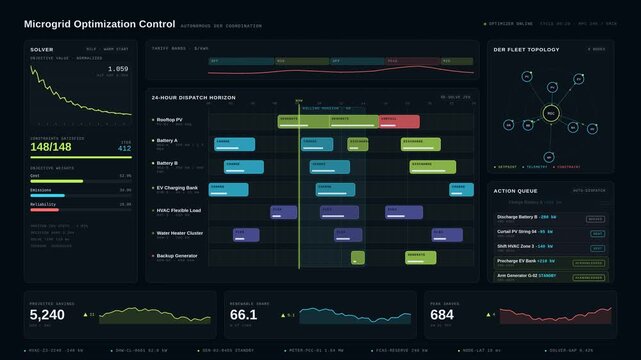 Explore an advanced AI microgrid optimization dashboard that coordinates distributed energy resources with real-time data visualization and interactive elements in a sleek layout.
