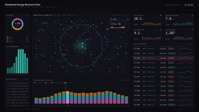 A detailed dashboard interface for monitoring distributed energy resources, showcasing rooftop solar, batteries, and flexible loads on a sleek dark background.