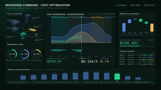 A commercial microgrid dashboard visualizes energy cost optimization, reliability metrics, and renewable utilization with vibrant charts and engaging animations on a deep green-black background.