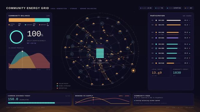 Explore the vibrant community energy system dashboard featuring local generation, storage solutions, and real-time demand balancing in a visually engaging dark plum-navy gradient design.