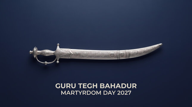 Commemorative Poster For Guru Tegh Bahadur Martyrdom Day Featuring A Traditional Silver Kirpan Sword On Navy Blue Background