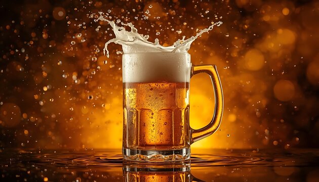 Glass beer mug overflowing with golden lager and foam splash on a