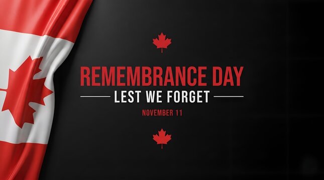 Canadian flag on the side with Remembrance Day typography banner. Lest we forget veterans day concept backdrop