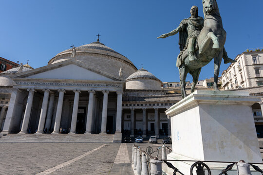 Napoli, Italy - September 27th 2026  Equestrian statue of Charles III of Bourbon in front of San Francesco di Paola Basilica in Naples