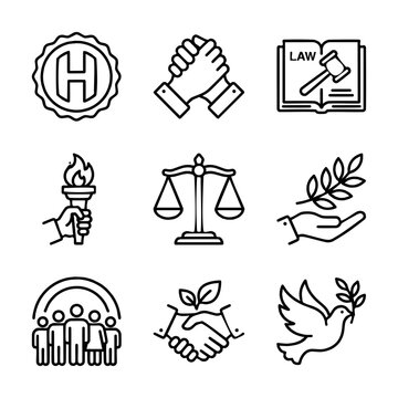 Human rights line art icons set with law and justice symbols for editorial designs