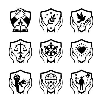 Human rights and civil protection symbols set for advocacy and social justice graphics