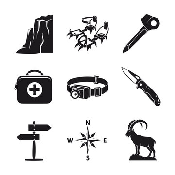 Mountaineering and climbing equipment and survival gear graphic set