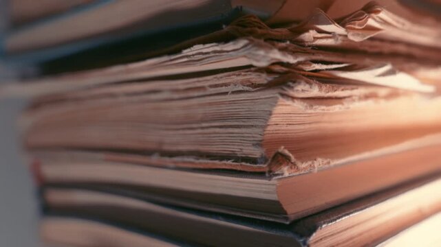 Stack of Old Rare Books with Worn Torn Pages and Frayed Edges: Slow Camera Rise Up, Vertical Elevator Movement, Close-Up Macro View | Shallow Depth of Field, Warm Light | Antique Library Archive Histo