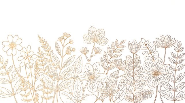 Delicate beige floral line art border with botanical flowers and leaves on a white background