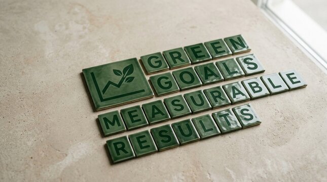 Green Goals Measurable Results displayed with ceramic tiles featuring a growth chart and leaf symbol