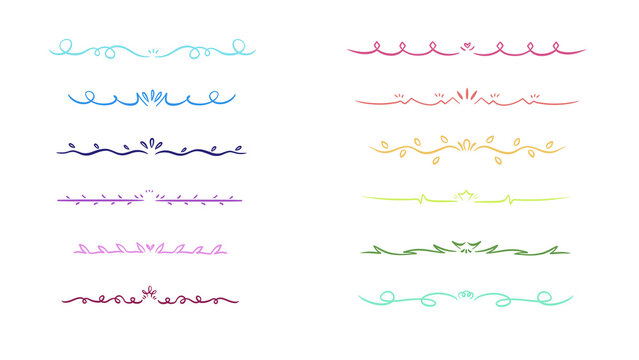 Colorful hand drawn text dividers and decorative calligraphic borders set isolated on a plain transparent background for wedding invitations, cards, and page layout decoration.