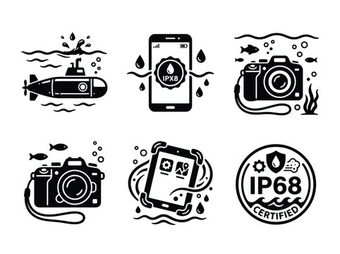 Waterproof electronic devices icon set featuring submarine camera smartphone and tablet