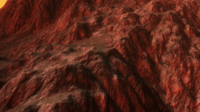 Rugged terrain showcases intricate patterns of red rocks bathed in golden sunlight. The landscape appears otherworldly, evoking feelings of adventure and exploration.