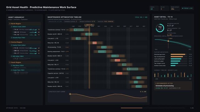 An advanced AI asset health platform effectively predicts maintenance needs across critical grid infrastructure using a dynamic Gantt timeline and asset hierarchy visualization.
