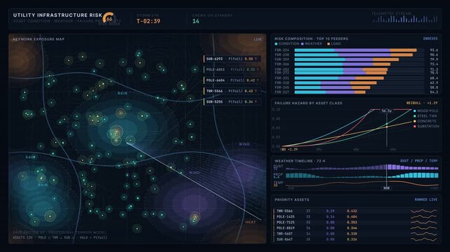 Utility infrastructure risk dashboard visualizes asset condition, weather effects, and failure probabilities with interactive elements and detailed analytics for informed decision-making.
