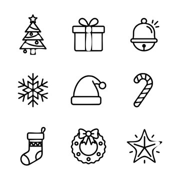 Christmas holiday season outline icon set illustration with traditional festive winter symbols