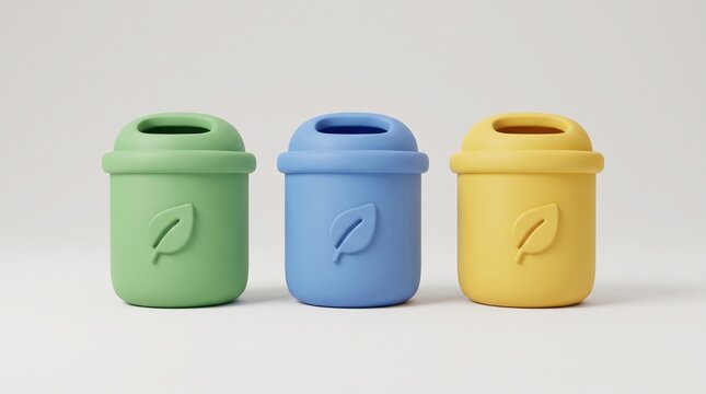 Green Blue and Yellow Bins With Leaf Emblems