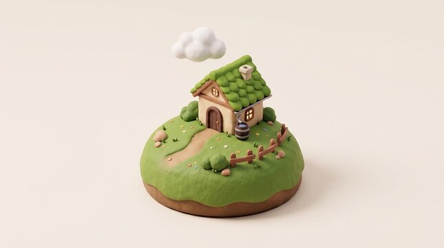 Tiny Cottage With Mossy Roof on a Grass Mound