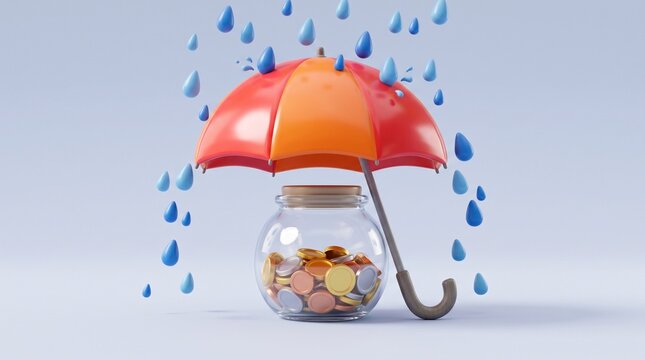 Red Umbrella Sheltering a Jar of Coins