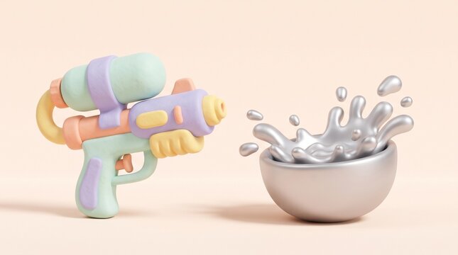 Pastel Water Gun Beside a Splashing Silver Bowl