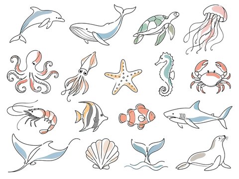 海の生き物の線画アイコンイラストセット