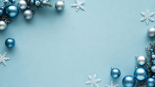 Silver christmas baubles and snowflakes decorating a soft blue winter background
