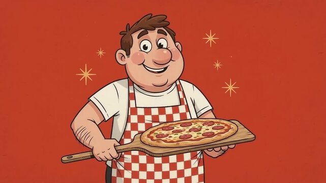 Animated retro cartoon pizza chef holding fresh pepperoni pizza on wooden peel with steam and sparkles, happy pizzeria mascot on red background