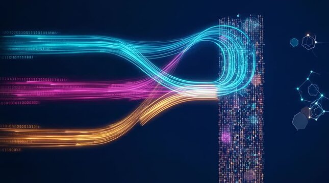 Digital data streams flowing and merging in network