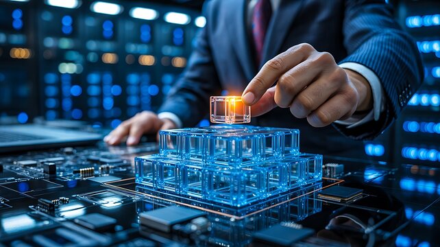 Business professional placing a glowing microchip on a circuit board for advanced technology development
