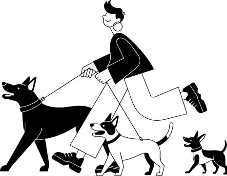 Minimalist dog walker illustration, professional pet sitter walking three dogs, black and white flat vector character design